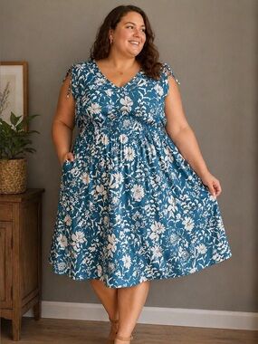 BloomChic Plus Size Floral Dress Blue White Summer Dress US 30